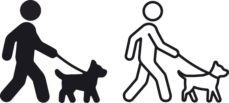 Stick Man Walking Dog Icon Set Line and Filled Style Human Pet Pictogram Vector