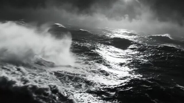Dramatic monochrome ocean waves in storm with sunlight breaking through dark clouds creates an atmospheric seascape.