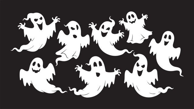 A playful collection of white ghost silhouettes on a dark background, featuring various expressive poses from friendly smiles to spooky scares.