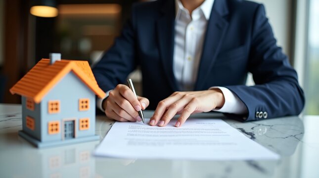 A businessperson in a dark blue suit signs a document with a silver pen, while a colorful model house sits beside the paper on a polished marble table.