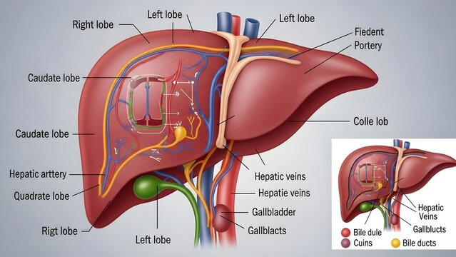 High detailed anatomical medical illustration of liver showing right, left, caudate and quadrate lobes, hepatic artery, portal vein, hepatic veins, gallbladder, bile ducts and segmental anatomy inset,