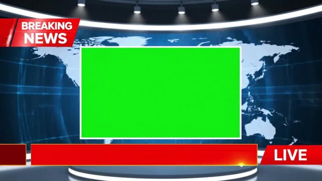 A breaking news video broadcast with a green screen and live studio background