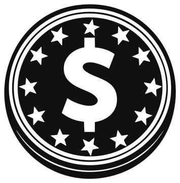 Black and white icon of a dollar coin with stars around the border symbolizing currency and finance