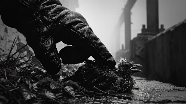 Black and white monochrome image of a gloved hand touching a wet fledgling bird on a rainy day