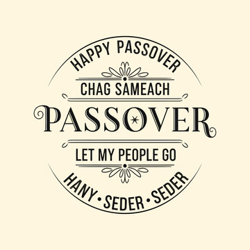 A vintage-style circular graphic design featuring various Passover greetings and phrases in a decorative font, set against a light background.