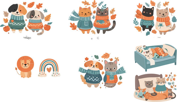 Cute autumn animals set with cat dog lion cozy sweaters fall leaves kawaii cartoon vector illustration collection