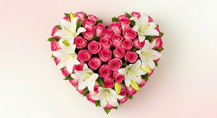 Fototapeta premium A beautiful heart shaped bouquet of pink roses and white lilies on a soft pink background for Valentine's Day