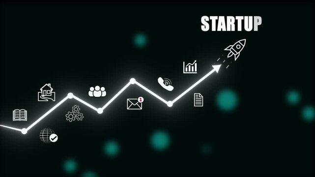 Business growth chart with icons representing home, people, gears, globe, book, email, and phone graph