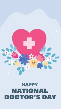 A heart with a medical cross, a stethoscope, a thermometer, a blood pressure cuff, and medicines against a background of flowers. Vertical animated greeting card for Medical Workers' Day