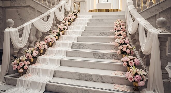 A beautifully decorated staircase with pink flowers and white drapes for a wedding or special event in a luxurious venue