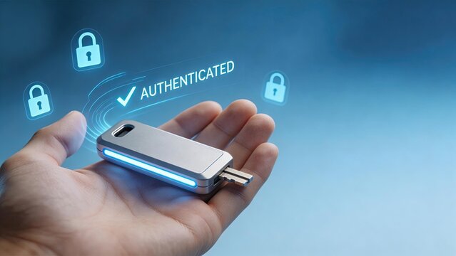 Hand holding USB security key with authenticated digital lock icons cyber security concept data protection encryption secure access technology internet safety authentication privacy