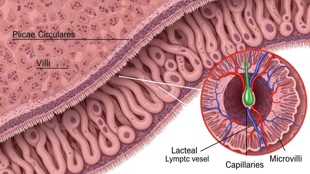 High detailed anatomical medical illustration of small intestinal mucosa showing plicae circulares, villi and magnified cross‑section with lacteal lymph vessel, capillaries and microvilli, demonstrati