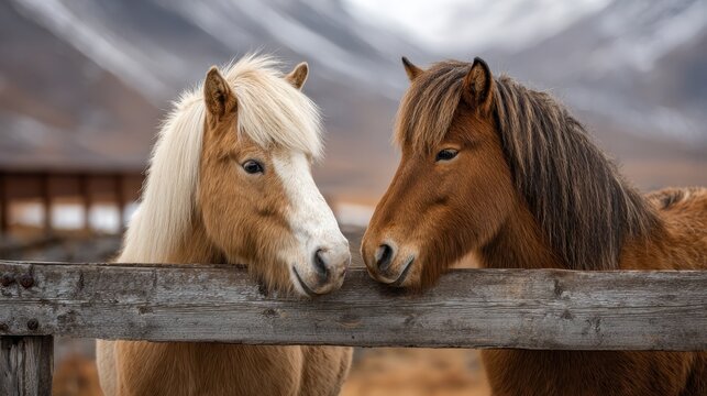 Two horses nuzzling at wooden fence in mountain farm