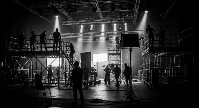Film crew sets up lighting and camera equipment on a movie set