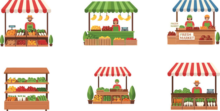 Farmers market stalls set with fresh fruits vegetables vendors street shop organic food flat vector illustration collection