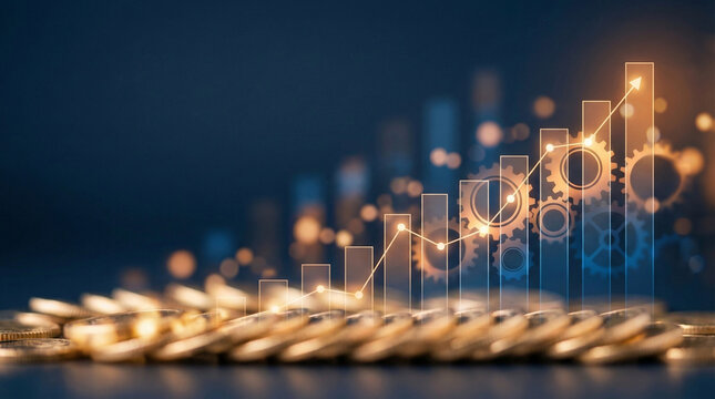 Corporate dividend yields and investment growth concept with gold coins stack, rising financial bar charts and cogwheel gears hologram for business efficiency and wealth creation
