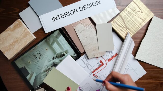 Living room design planning with material samples and budget renovation concept
