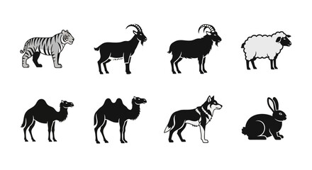 Fototapeta premium Diverse set of black and white animal icons, featuring various wildlife and domesticated creatures such as a tiger, goats, camels, a wolf, a sheep, and a rabbit, for modern graphic design