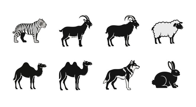 Diverse set of black and white animal icons, featuring various wildlife and domesticated creatures such as a tiger, goats, camels, a wolf, a sheep, and a rabbit, for modern graphic design