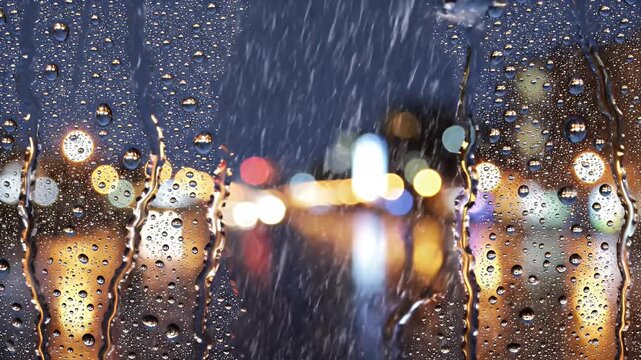 Raindrops on a window obscure blurred city lights, creating a textured and watery ambiance
