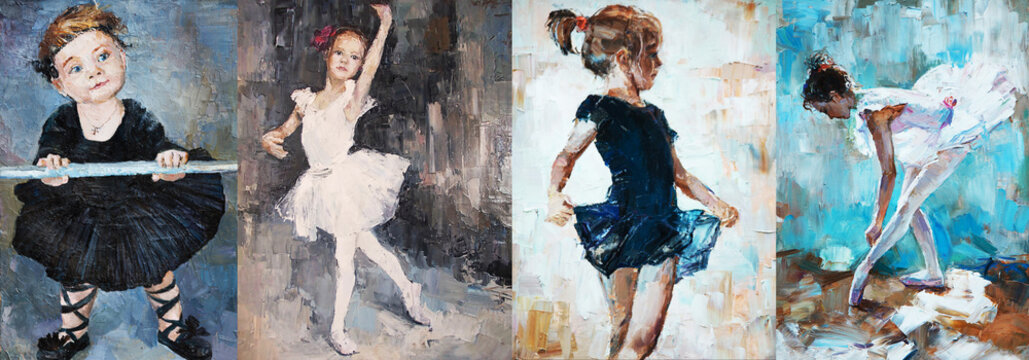 Set of four impressionistic oil paintings of little girls and young ballerinas dancing.