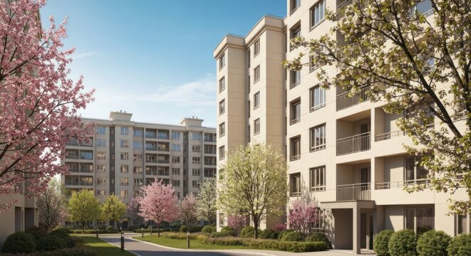Modern Apartment Buildings with Spring Blossoms and Greenery.