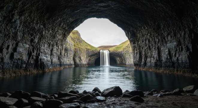 Mystical Cave View - Waterfall and Lake in a Rock Formation.