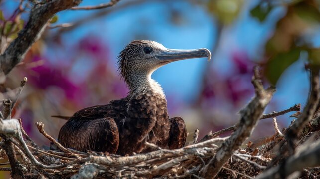 Young seabird resting in nest against blue sky tropical branches