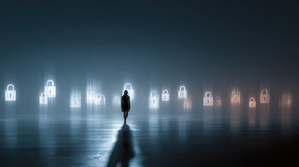 Fototapeta premium Data privacy concept human shadow surrounded by digit lock cyber security background mysterious