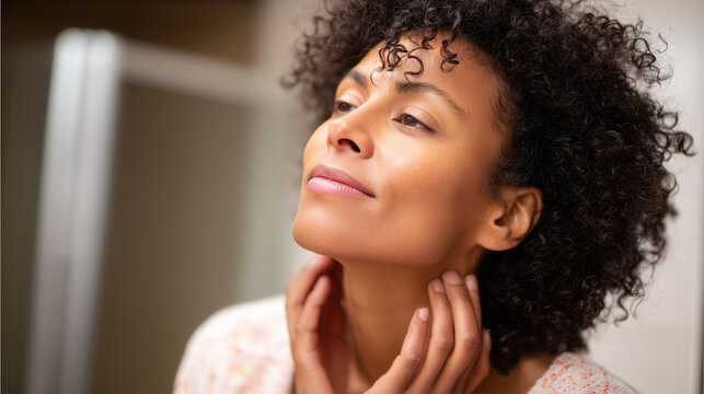 A person standing in front of a mirror, gently tilting their head upward, touching their jawline with both hands
