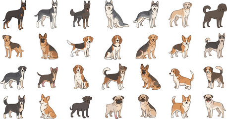 Obraz premium Cute Dog Breeds Vector Icon Set with Cartoon Puppy Characters Standing in Different Poses for Pet Care Veterinary Illustration and Domestic Animal Collection Design