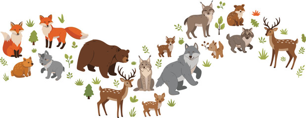 Fototapeta premium Forest Animals Group with Bear Fox Wolf Deer and Rabbits, Cartoon Woodland Wildlife Collection for Nature Illustration and Kids Design Scene