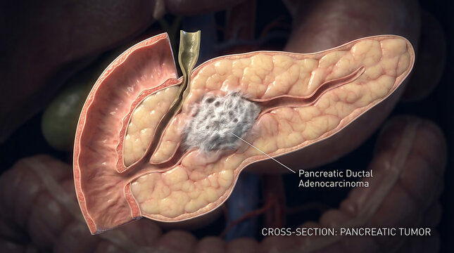 Pancreatic ductal adenocarcinoma &ndash; pancreatic cancer cross section medical illustration