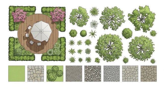 Backyard Garden Landscape Design with Swimming Pool and Outdoor BBQ Area Top View
