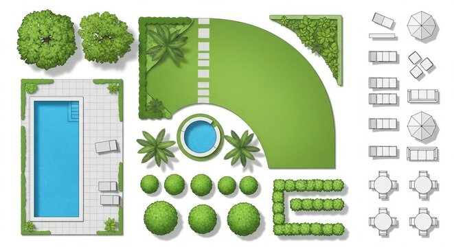 Top view garden landscape elements set with swimming pool grass and patio furniture for plan
