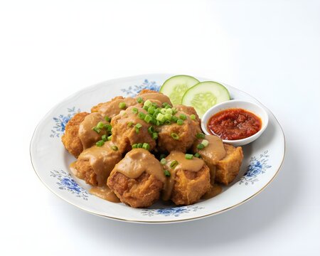Indonesian batagor fried fish dumplings with peanut sauce tofu cucumber and sambal isolated on white background traditional street food