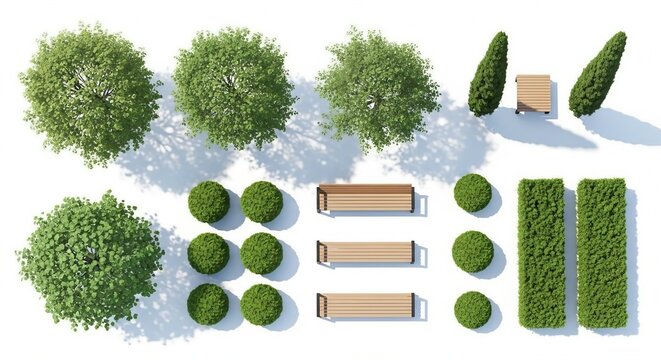 Top view park landscape elements set with green trees wooden benches and garden hedges for plan
