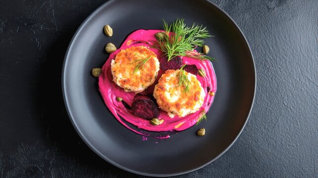 A visually striking, Nordic-inspired plate. Two fish cakes made with smoky haddock are paired with a vibrant pink beetroot and horseradish cream swirled on a dark slate plate