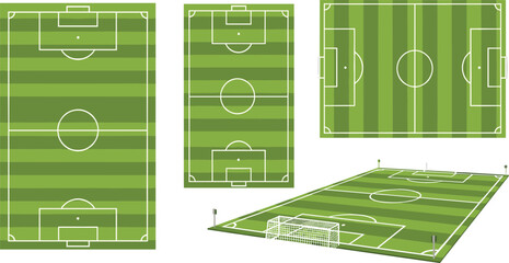 Soccer Field Layout Set with Football Pitch Top and Perspective Views, Sports Ground Collection for Game Strategy, Stadium Design, and Field Illustration © MdMunzurul