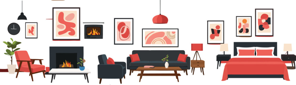 Modern Home Interior Set with Living Room and Bedroom Furniture, Sofa, Fireplace and Decor Elements Vector Illustration