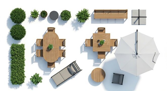 Top view garden landscape design elements set with patio furniture umbrella and green plants
