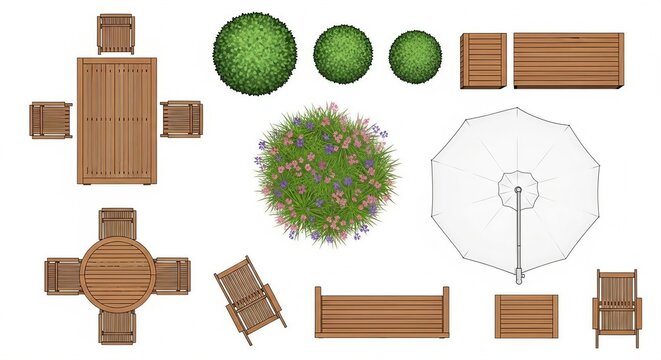 Top view garden landscape design elements set with wooden patio furniture and green plants
