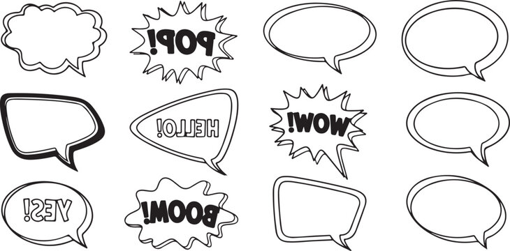 A set of hand-drawn comic book speech bubbles and explosion clouds.