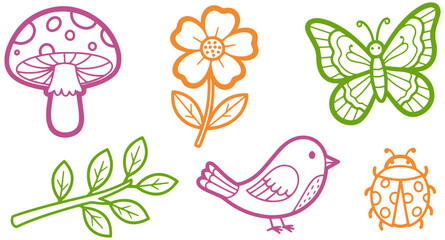 Vibrant garden icons featuring mushroom, flower, butterfly, leaf, bird, and ladybug © SaiKir