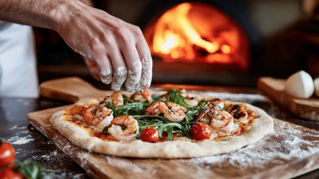 A person's flour-dusted hands are assembling a grilled shrimp and arugula pizza on a wooden peel, ready to be slid into a wood-fired oven (visible in the background, glowing)