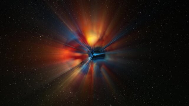 Abstract multicolor glow sphere with rays, science background. Bizzard planet structure in space, 4k
