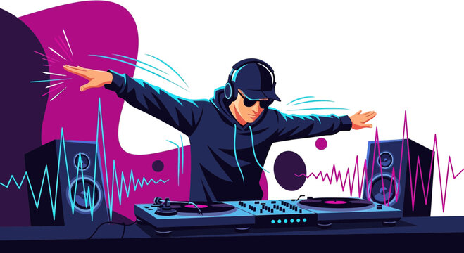 Dynamic dj mixing music with vibrant waves and modern vector illustration style