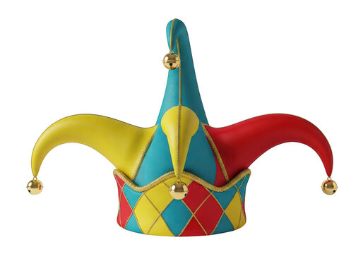 Vibrant multicolored jester hat with pointed tips and colorful patches isolated on transparent background