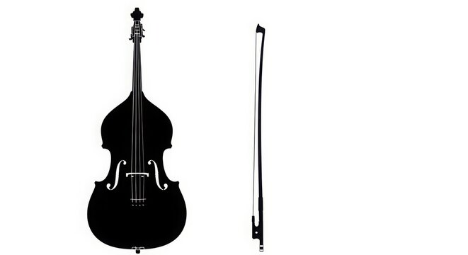 Silhouette of double bass and bow on white background