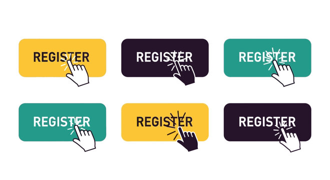 Collection of colorful register buttons with hand cursor